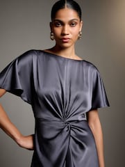 Petrol Blue Satin Short Sleeve Twist Front Midi Dress - Image 3 of 4