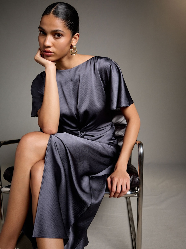 Petrol Blue Satin Short Sleeve Twist Front Midi Dress - Image 4 of 4