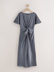 Petrol Blue Satin Short Sleeve Twist Front Midi Dress - Image 5 of 7