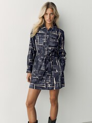 Navy/Blue Print - Robe chemise à manches longues ceinturée - Image 1 de 7