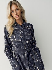 Navy/Blue Print - Robe chemise à manches longues ceinturée - Image 3 de 7