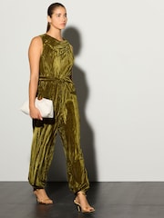 Olive Green Ruched Neck Velvet Balloon Leg Jumpsuit - Image 1 of 4