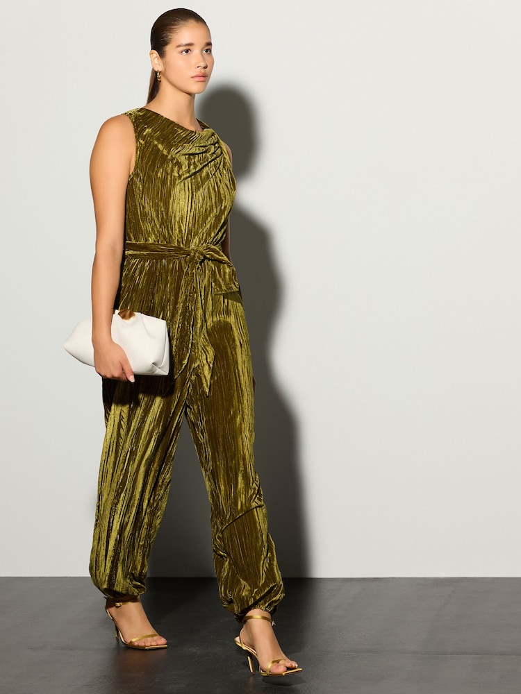 Olive Green Ruched Neck Velvet Balloon Leg Jumpsuit - Image 1 of 4 Olive Green Ruched Neck Velvet Balloon Leg Jumpsuit - Image 1 of 4