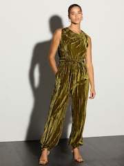 Olive Green Ruched Neck Velvet Balloon Leg Jumpsuit - Image 2 of 4