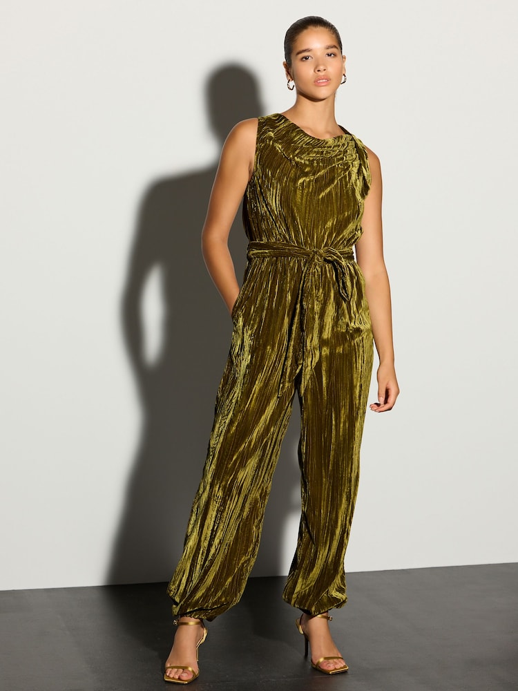 Olive Green Ruched Neck Velvet Balloon Leg Jumpsuit - Image 2 of 4 Olive Green Ruched Neck Velvet Balloon Leg Jumpsuit - Image 2 of 4