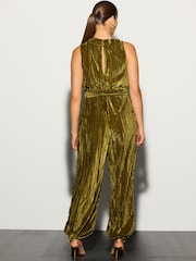 Olive Green Ruched Neck Velvet Balloon Leg Jumpsuit - Image 3 of 4