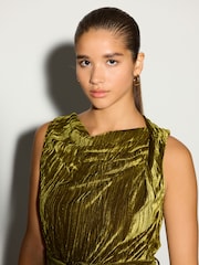 Olive Green Ruched Neck Velvet Balloon Leg Jumpsuit - Image 4 of 4