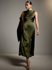Темно-зелений - Textured Satin Scarf Midi Dress - Image 1 of 8