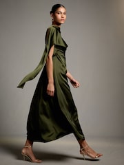 Темно-зелений - Textured Satin Scarf Midi Dress - Image 2 of 8