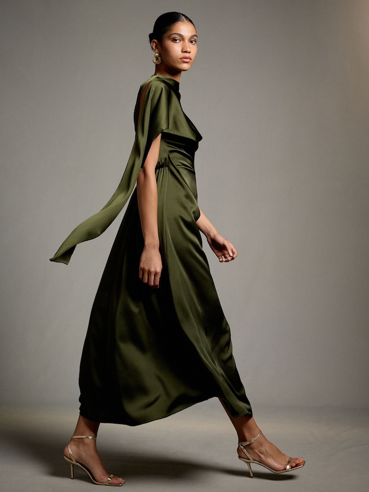 Темно-зелений - Textured Satin Scarf Midi Dress - Image 2 of 8 Темно-зелений - Textured Satin Scarf Midi Dress - Image 2 of 8
