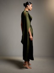 Темно-зелений - Textured Satin Scarf Midi Dress - Image 3 of 8