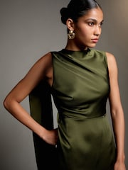 Темно-зелений - Textured Satin Scarf Midi Dress - Image 4 of 8