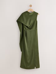 Темно-зелений - Textured Satin Scarf Midi Dress - Image 5 of 8