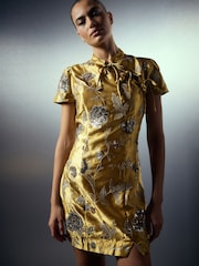 Gold Short Sleeve Tie Fasten Collar Embellished Mini Dress - Image 2 of 8