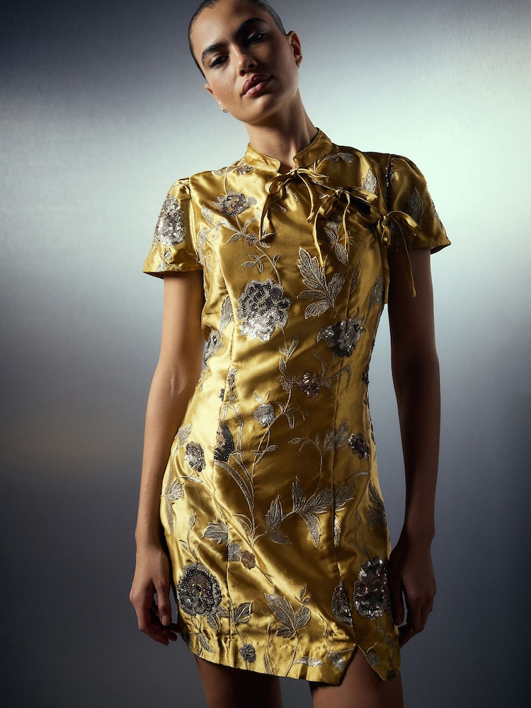 Gold Short Sleeve Tie Fasten Collar Embellished Mini Dress - Image 2 of 8