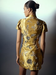 Gold Short Sleeve Tie Fasten Collar Embellished Mini Dress - Image 4 of 8