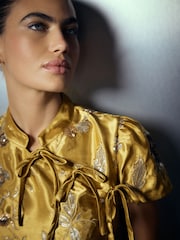 Gold Short Sleeve Tie Fasten Collar Embellished Mini Dress - Image 5 of 8