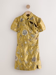 Gold Short Sleeve Tie Fasten Collar Embellished Mini Dress - Image 6 of 8
