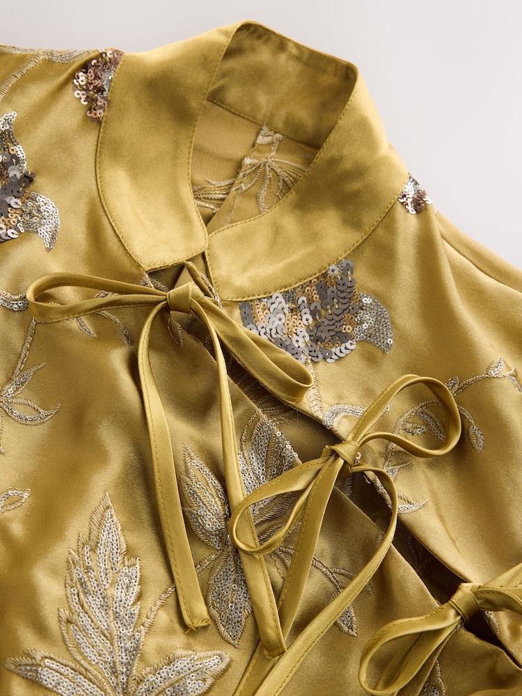 Gold Short Sleeve Tie Fasten Collar Embellished Mini Dress - Image 8 of 8