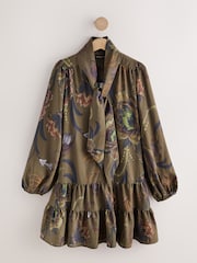Khaki Green Next X Kew Print Long Sleeve Tie Neck Mini Dress - Image 1 of 3