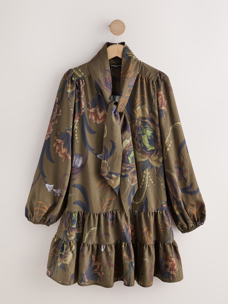 Khaki Green Next X Kew Print Long Sleeve Tie Neck Mini Dress - Image 1 of 3 Khaki Green Next X Kew Print Long Sleeve Tie Neck Mini Dress - Image 1 of 3