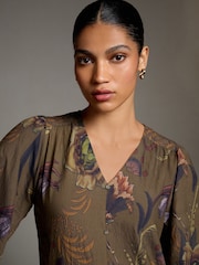 Khaki Green Next X Kew Print Long Sleeve Tie Neck Mini Dress - Image 4 of 7
