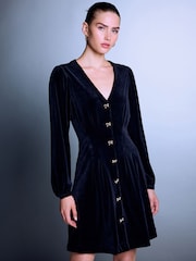 Black Long Sleeve Velvet Cinched Waist Mini Dress - Image 1 of 5