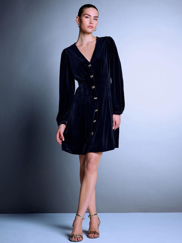 Black Long Sleeve Velvet Cinched Waist Mini Dress - Image 2 of 5 Black Long Sleeve Velvet Cinched Waist Mini Dress - Image 2 of 5