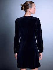 Black Long Sleeve Velvet Cinched Waist Mini Dress - Image 3 of 5