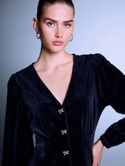 Black Long Sleeve Velvet Cinched Waist Mini Dress - Image 4 of 5