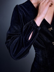 Black Long Sleeve Velvet Cinched Waist Mini Dress - Image 5 of 5