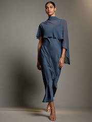 Petrol Blue Asymetric Sheer Cape Textured Satin Midi Dress - Image 1 of 4