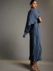 Petrol Blue Asymetric Sheer Cape Textured Satin Midi Dress - Image 2 of 4