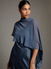 Petrol Blue Asymetric Sheer Cape Textured Satin Midi Dress - Image 3 of 4