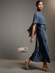 Petrol Blue Asymetric Sheer Cape Textured Satin Midi Dress - Image 4 of 4
