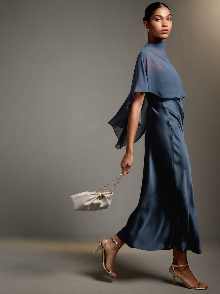 Petrol Blue Asymetric Sheer Cape Textured Satin Midi Dress - Image 4 of 4 Petrol Blue Asymetric Sheer Cape Textured Satin Midi Dress - Image 4 of 4