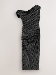 Black Velvet One Shoulder Ruched Midi Dress - Image 1 of 6