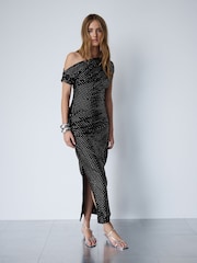 Black Velvet One Shoulder Ruched Midi Dress - Image 2 of 6
