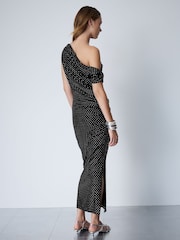 Black Velvet One Shoulder Ruched Midi Dress - Image 3 of 6