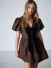 Animal Puff Sleeve Jaquard Bow Mini Dress - Image 1 of 4