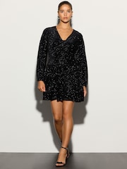 블랙 - Long Sleeve Sequin V-Neck Mini Dress - 4의 이미지 2