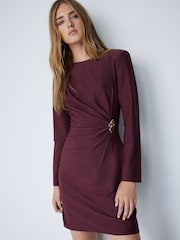 Burgundy Red Long Sleeve Side Ruched Hardware Mini Dress - Image 1 of 8