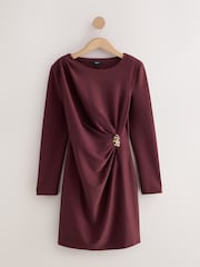 Burgundy Red Long Sleeve Side Ruched Hardware Mini Dress - Image 6 of 8