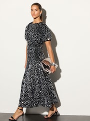 Silver Sequin Puff Sleeve Velvet Midi Dress - Image 1 of 4