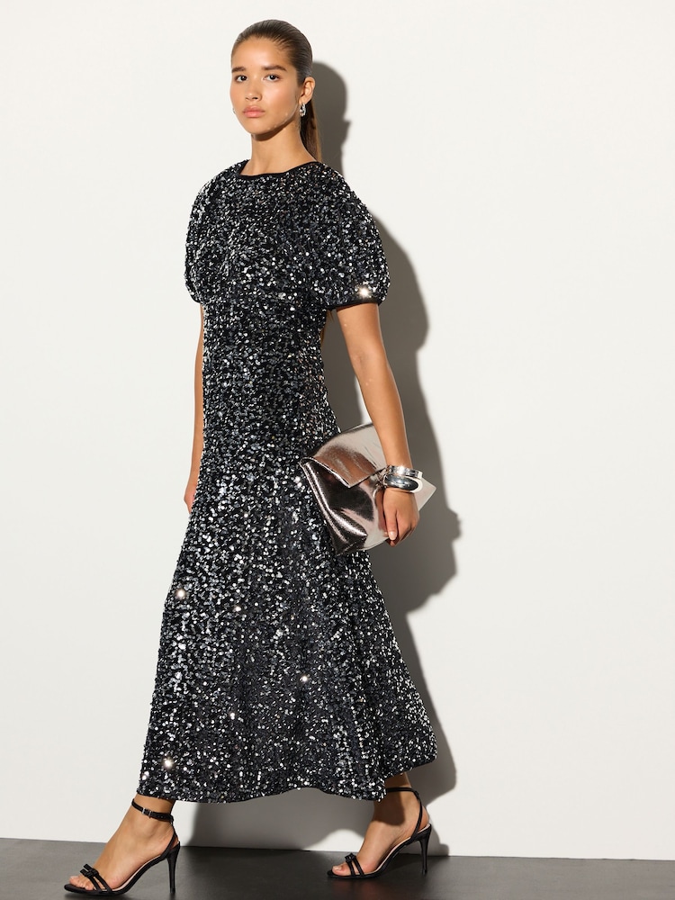 Silver Sequin Puff Sleeve Velvet Midi Dress - Image 1 of 4 Silver Sequin Puff Sleeve Velvet Midi Dress - Image 1 of 4