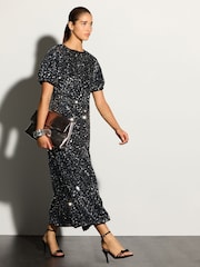 Silver Sequin Puff Sleeve Velvet Midi Dress - Image 2 of 4