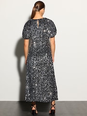 Silver Sequin Puff Sleeve Velvet Midi Dress - Image 3 of 4