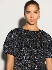 Silver Sequin Puff Sleeve Velvet Midi Dress - Image 4 of 4