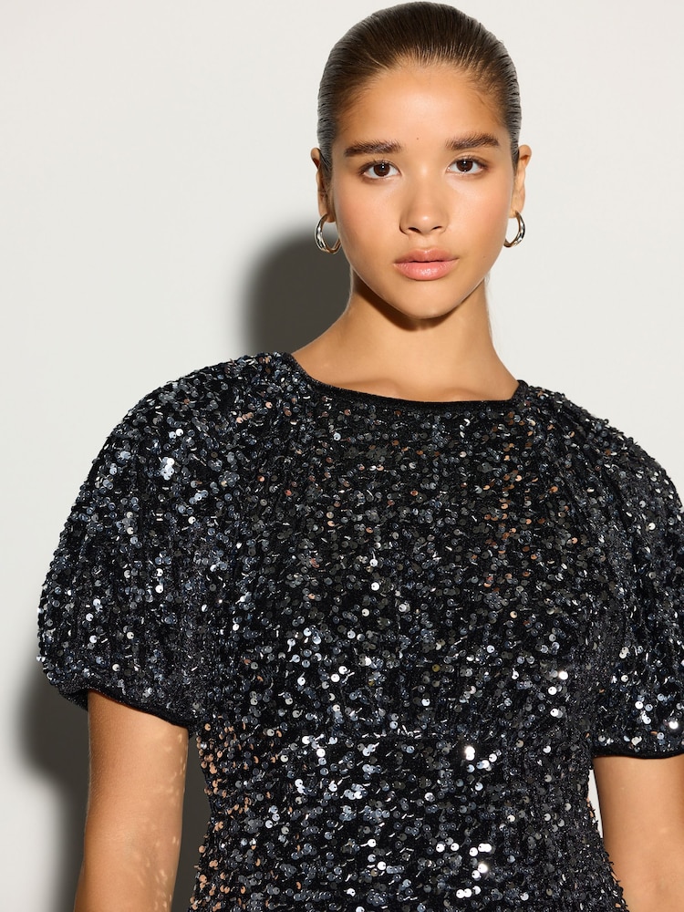 Silver Sequin Puff Sleeve Velvet Midi Dress - Image 4 of 4 Silver Sequin Puff Sleeve Velvet Midi Dress - Image 4 of 4