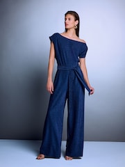 Navy Blue Off Shoulder Asymetric Tie Waist Sparkle Jersey Jumpsuit - Image 2 of 8